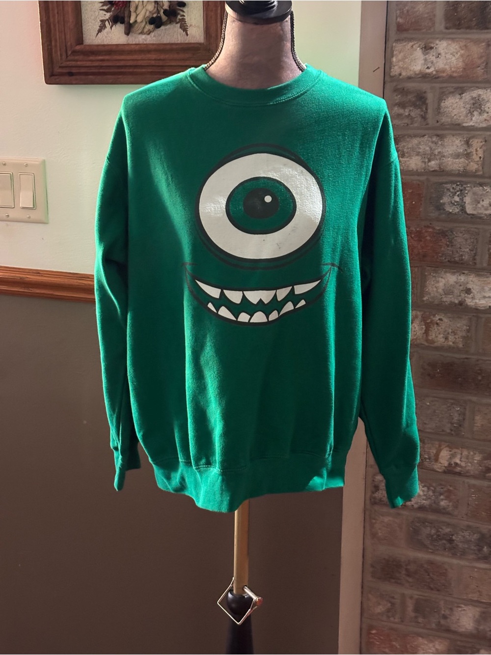 Men's Disney Pixar Green Graphic Crewneck Sweater with Monster Eye Print